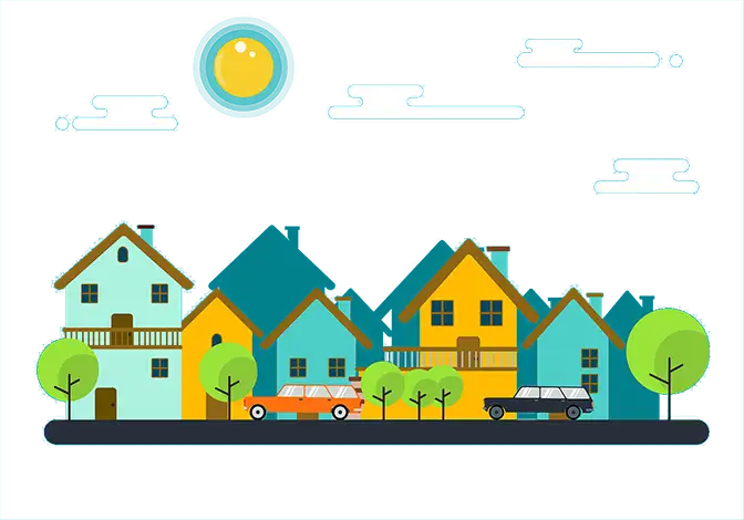 A stylized, flat-design illustration of colorful, two-story houses on a street at night. An orange and a dark gray station wagon are parked on the road, lined by rounded green trees. A large yellow moon and flat-styled clouds fill the black sky above.